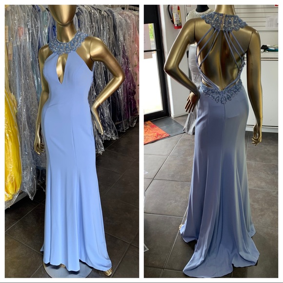 Halter top stretch crepe beaded gown